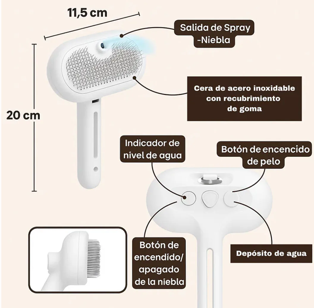 Partes y medidas del cepillo de vapor: 20 x 11,5 cm