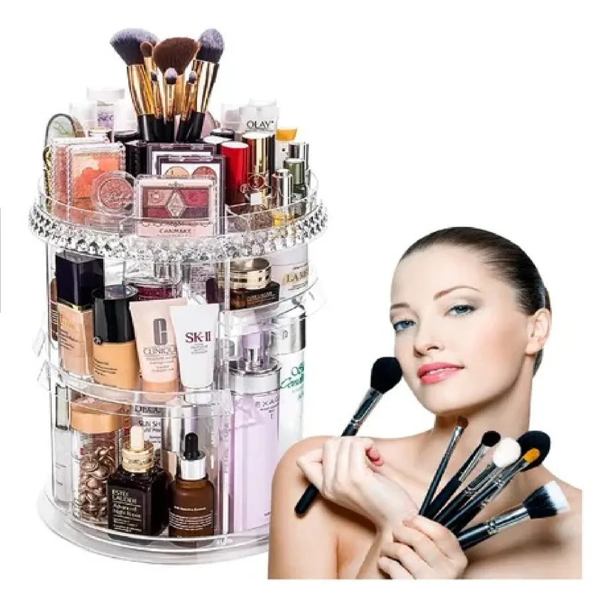 Organizador de maquillaje giratorio de acrílico con cosméticos y pinceles