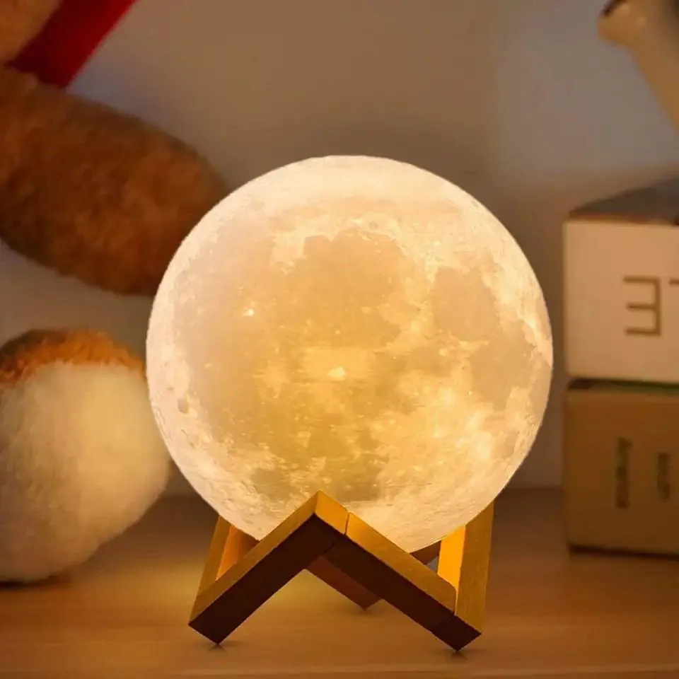 Lámpara de luna 3D táctil de 15 cm con 7 colores, control remoto y base de madera, foto 3 de 5