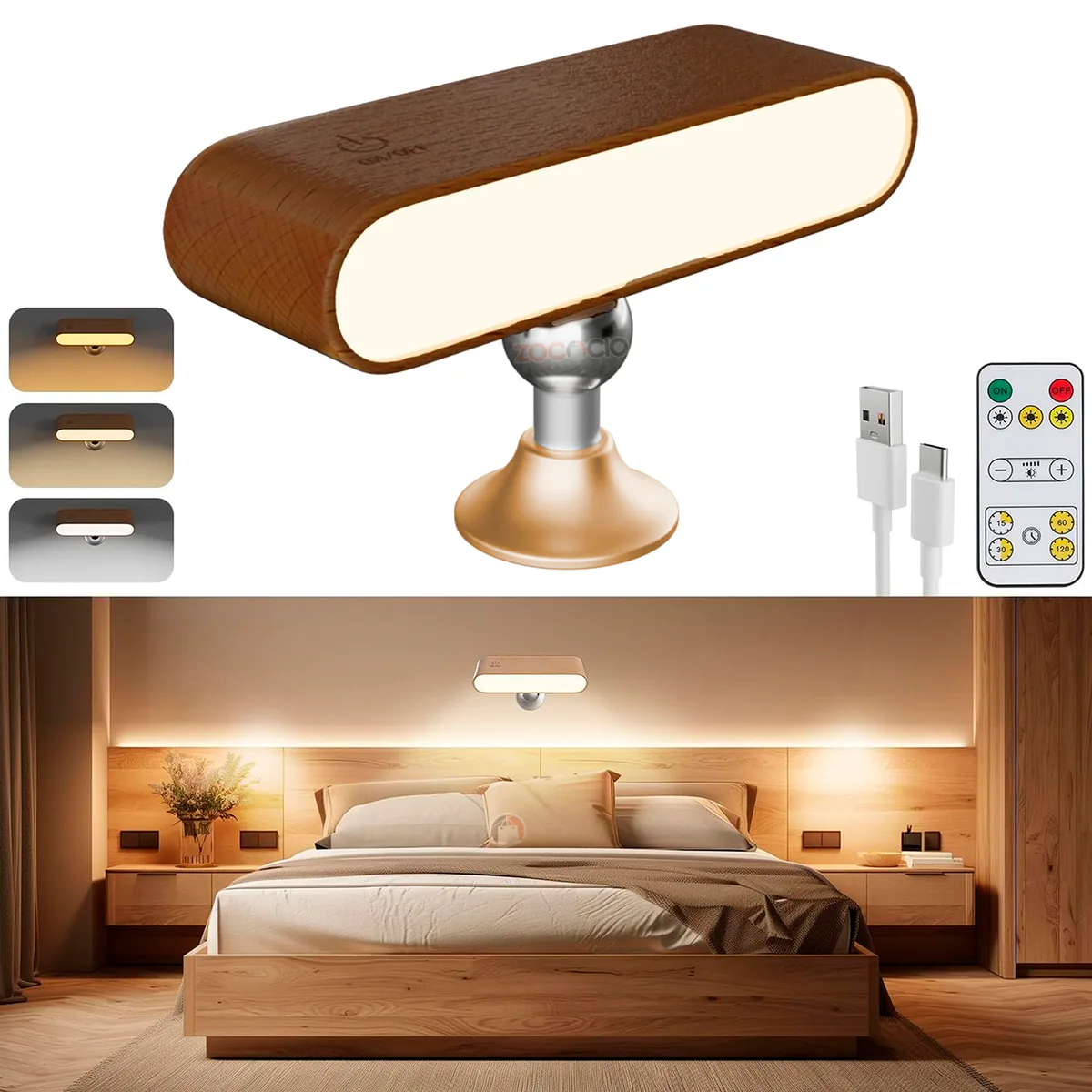 Lámpara café oscuro con sus 3 tonos de luz, control remoto y cable USB tipo C, y en un dormitorio