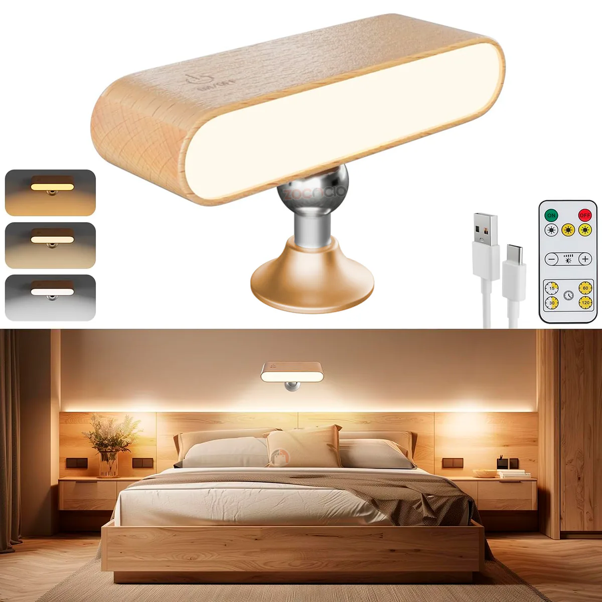 Lámpara de madera clara con sus 3 tonos de luz, control remoto y cable, y en un dormitorio