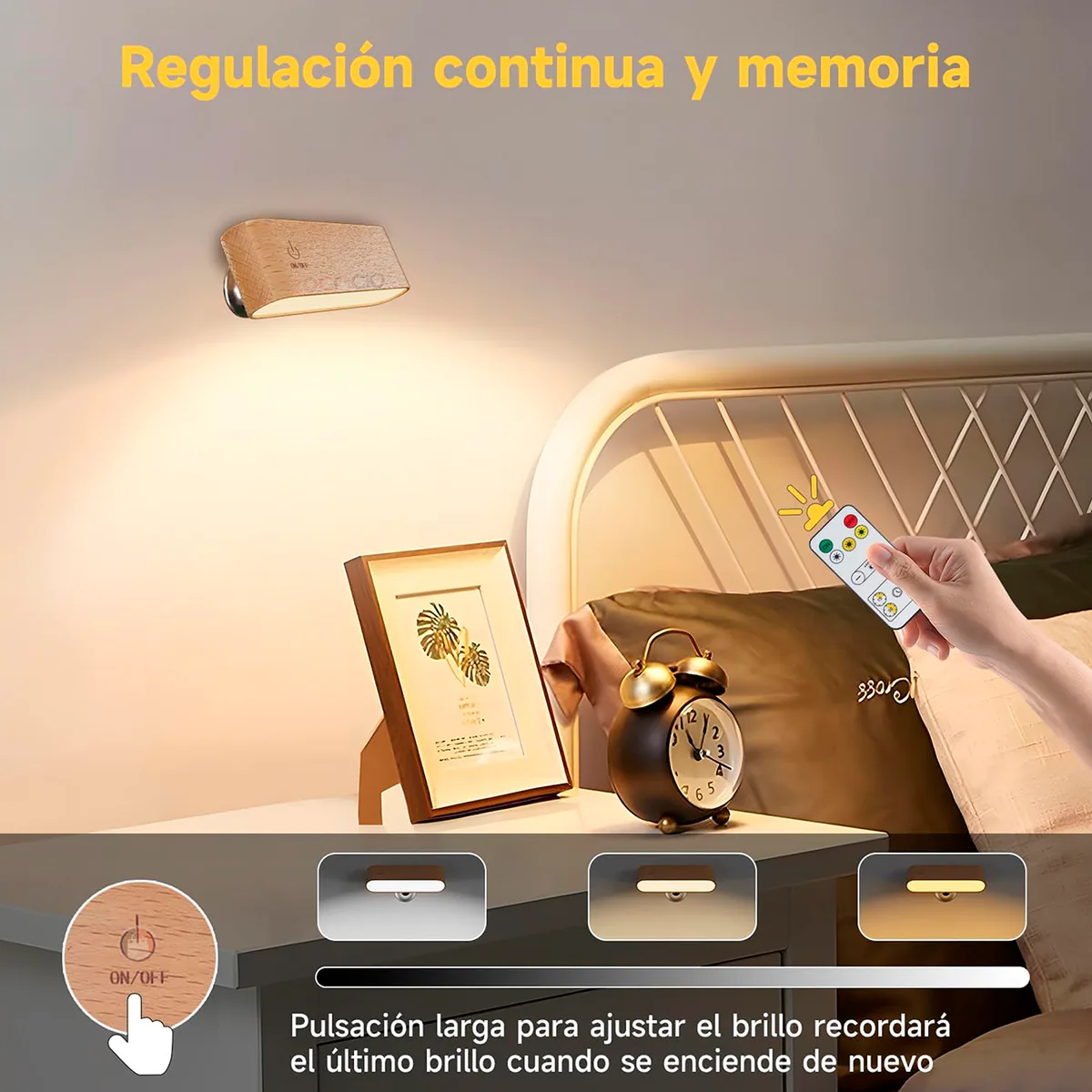 Lámpara junto a la cama con brillo regulable desde el control remoto y botón táctil