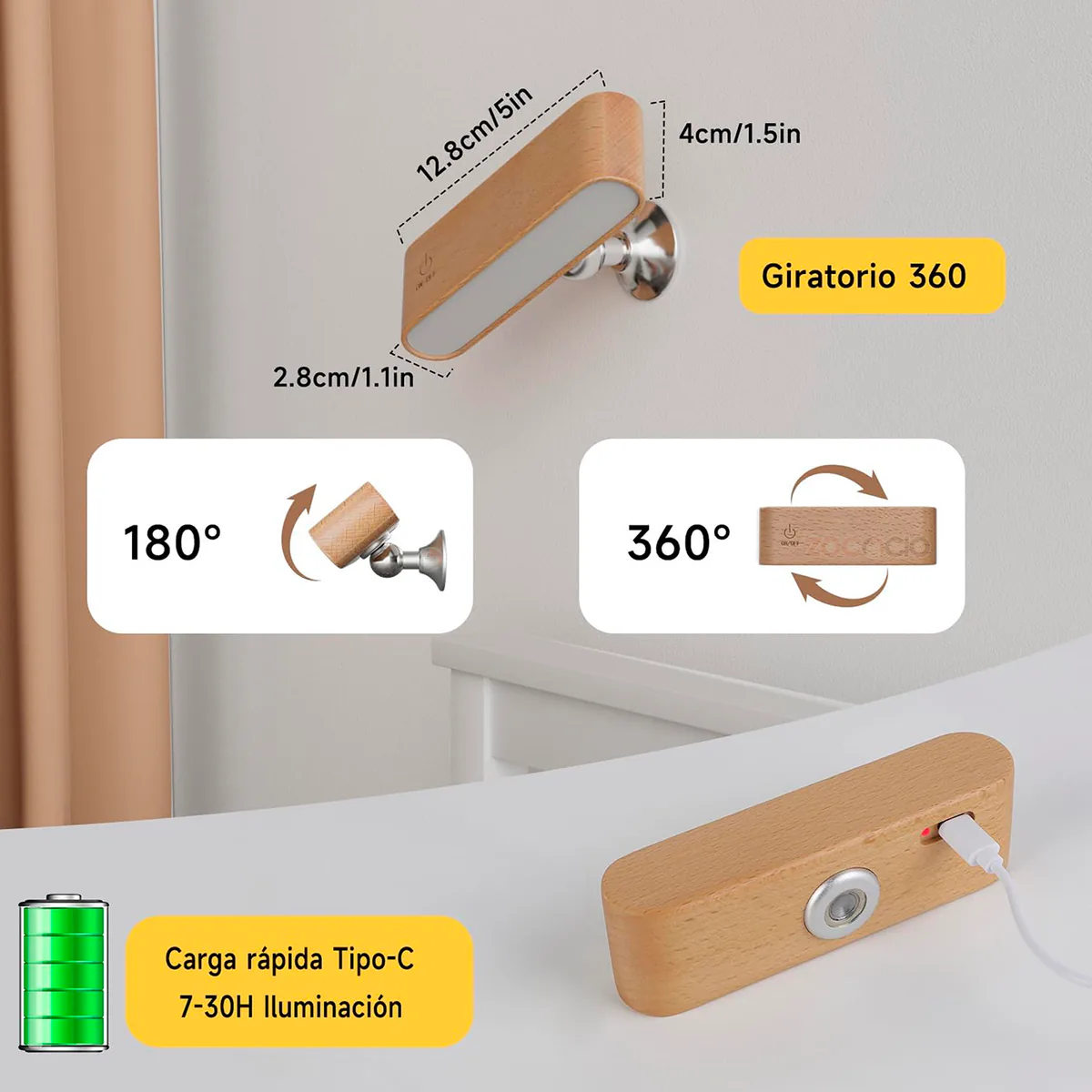 Medidas de la lámpara magnética, giro de 180° y 360° y carga por USB tipo C