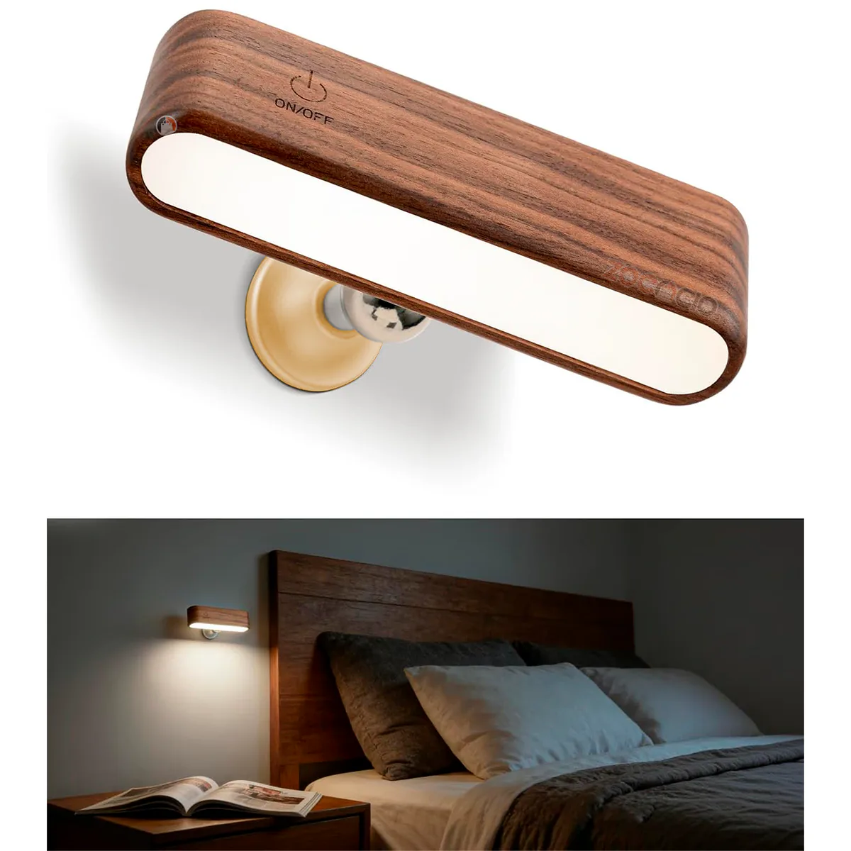 Lámpara de madera oscura y la misma lámpara instalada junto a una cama