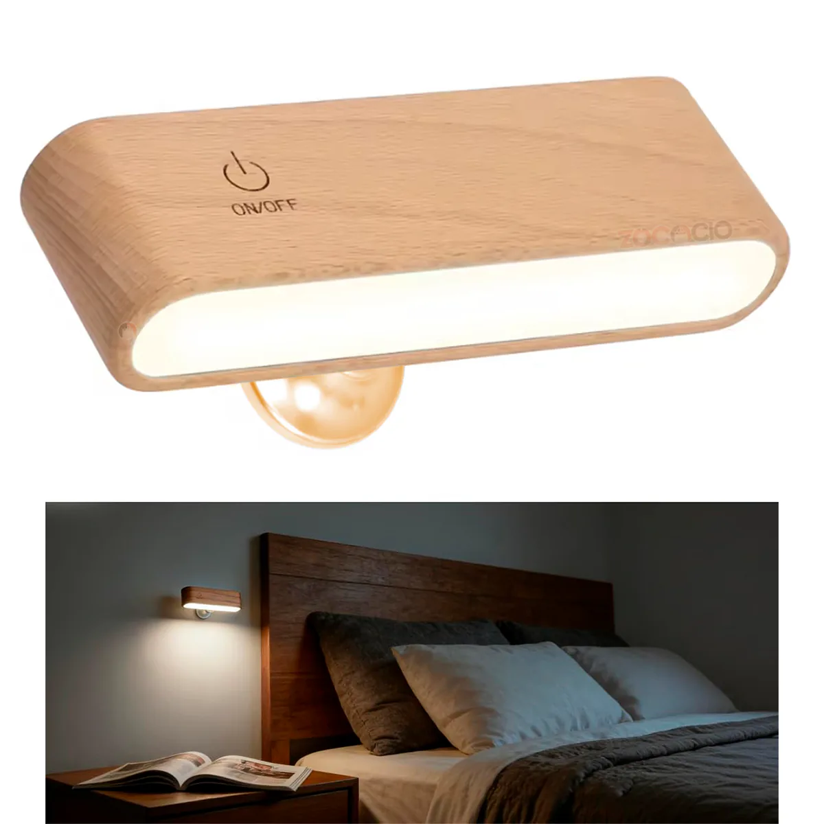 Lámpara de madera clara y la misma lámpara instalada sobre la cabecera de una cama