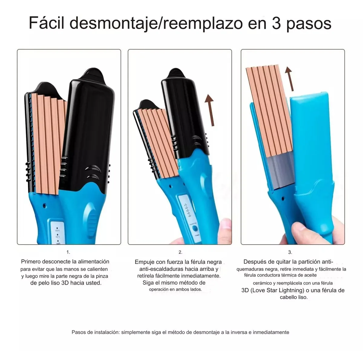 Pasos para cambiar las placas de la plancha para cabello 3D