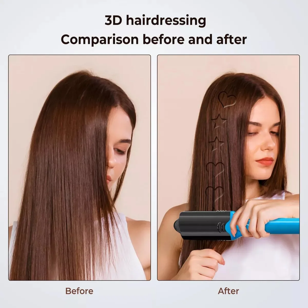 Antes y después: cabello liso con corazones y estrellas estampados con la plancha