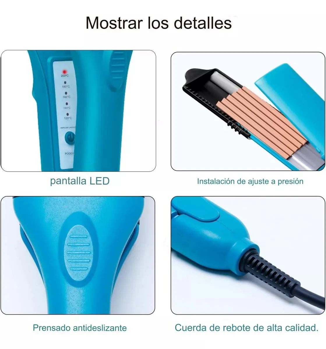 Detalles de la plancha: indicador LED de temperatura, placas, agarre y cable giratorio
