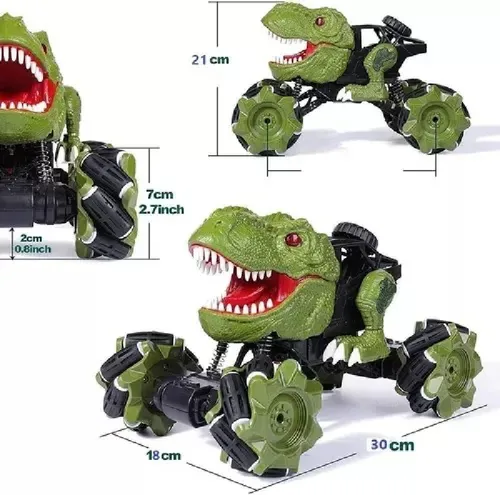 Medidas del carro dinosaurio a control remoto: 30 x 18 x 21 cm, con ruedas de 7 cm