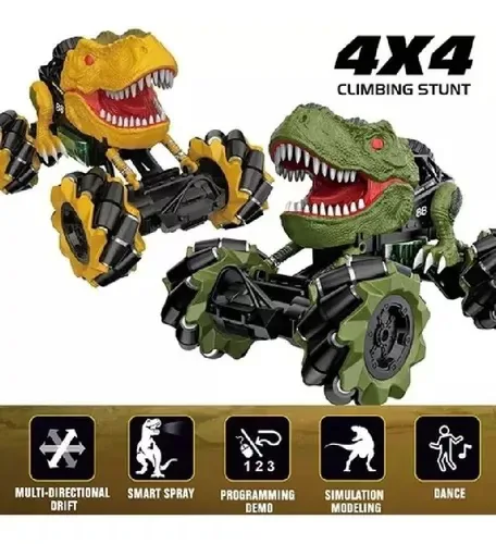 Carros dinosaurio 4x4 acrobáticos en verde y en amarillo con sus funciones