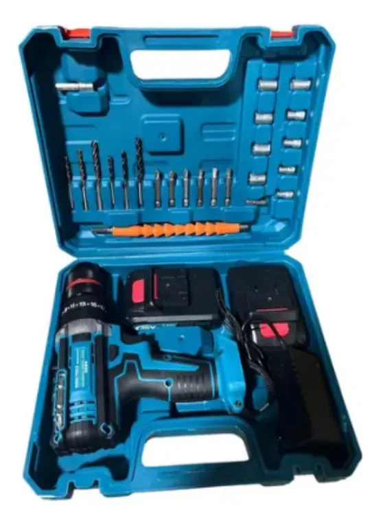 Kit del taladro inalámbrico ordenado en su maletín azul