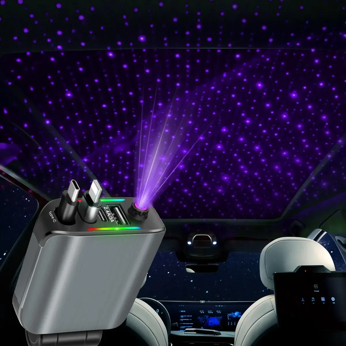 Techo del carro iluminado con la luz de estrellas morada del cargador 4 en 1