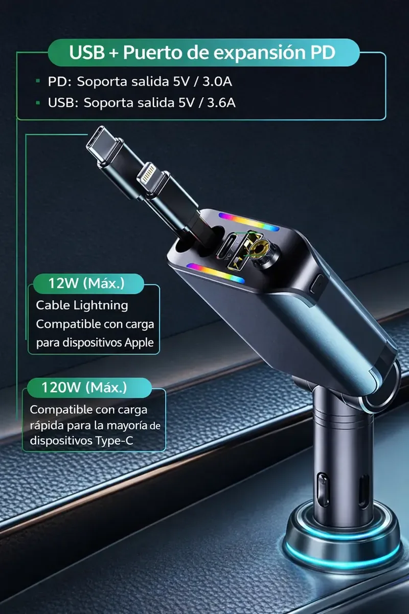 Salidas del cargador de carro: puerto USB, puerto tipo C PD, cable Lightning y cable tipo C