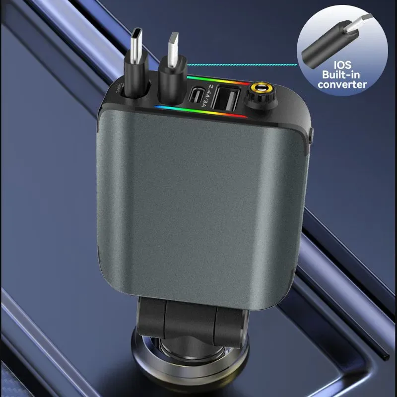 Cargador de carro 4 en 1 gris con cables tipo C y Lightning, puerto USB y luz LED