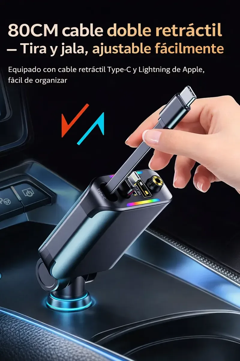 Mano sacando el cable retráctil tipo C de 80 cm del cargador de carro
