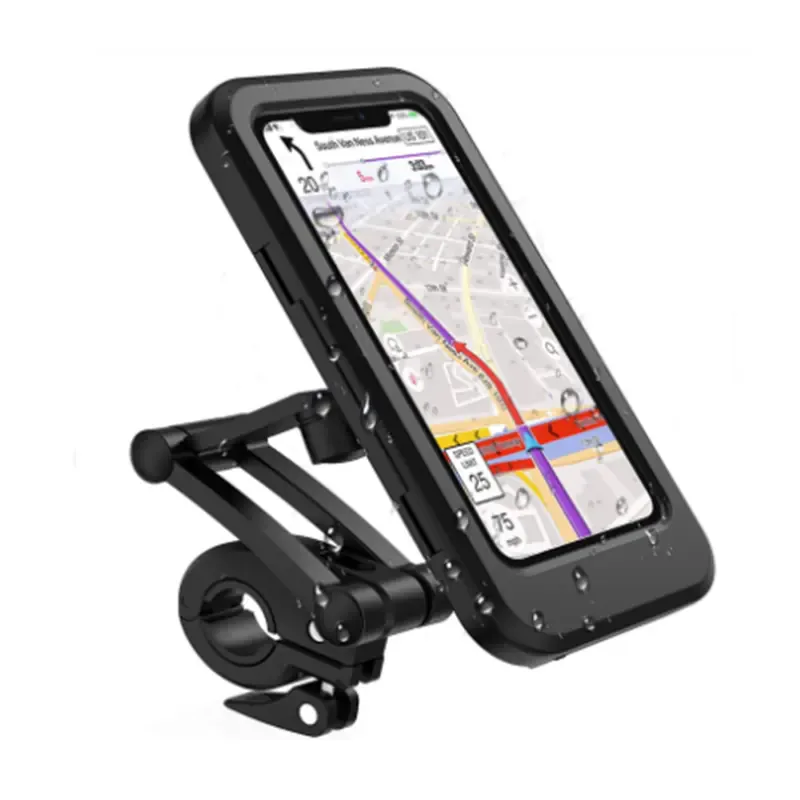 Soporte de celular impermeable para moto con un celular mostrando el GPS