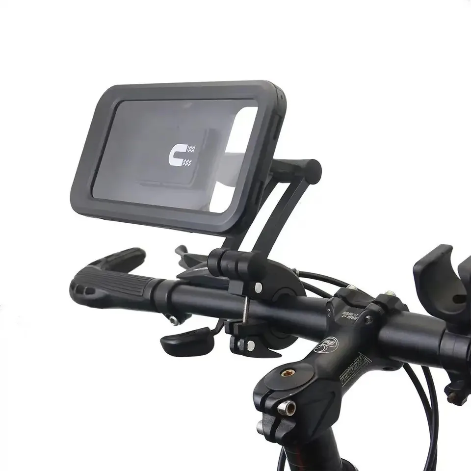 Soporte de celular impermeable instalado en el manubrio de una bicicleta