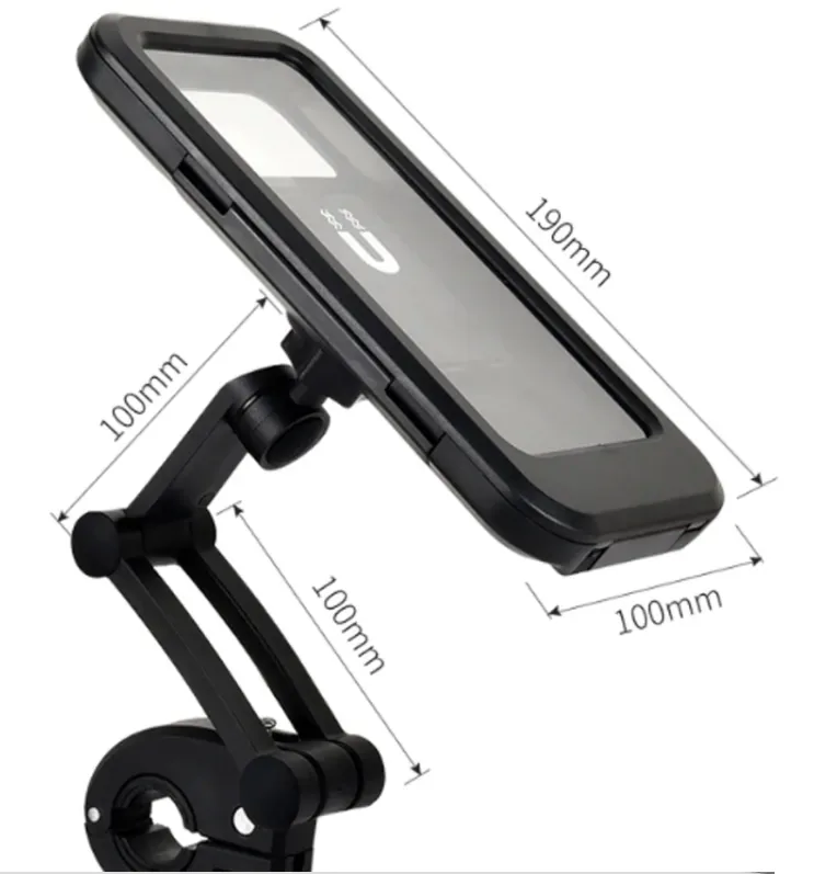 Medidas del soporte de celular: estuche de 190 x 100 mm y brazo de 100 mm por tramo