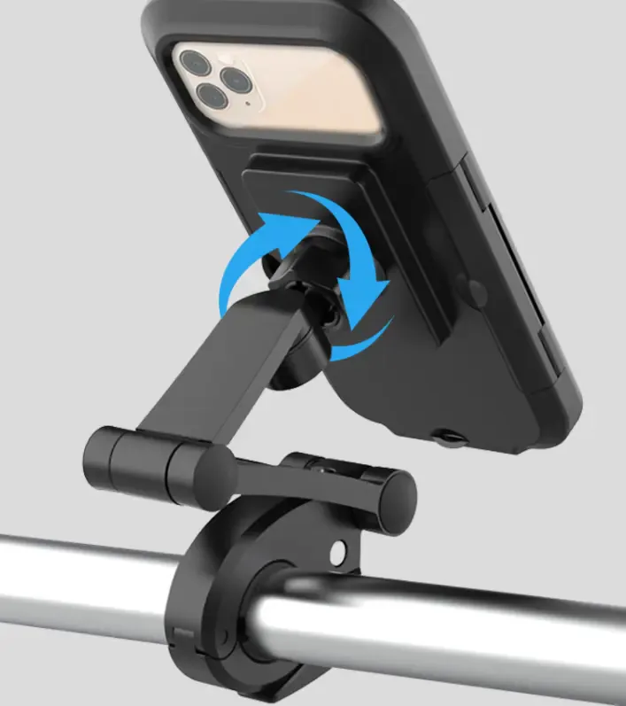 Estuche del soporte girando 360° sobre el brazo, sujeto a un manubrio