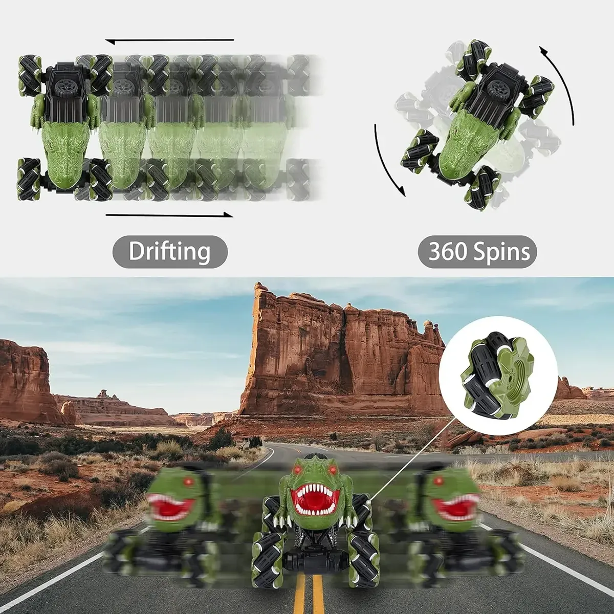 Carro dinosaurio derrapando y girando 360° en una carretera
