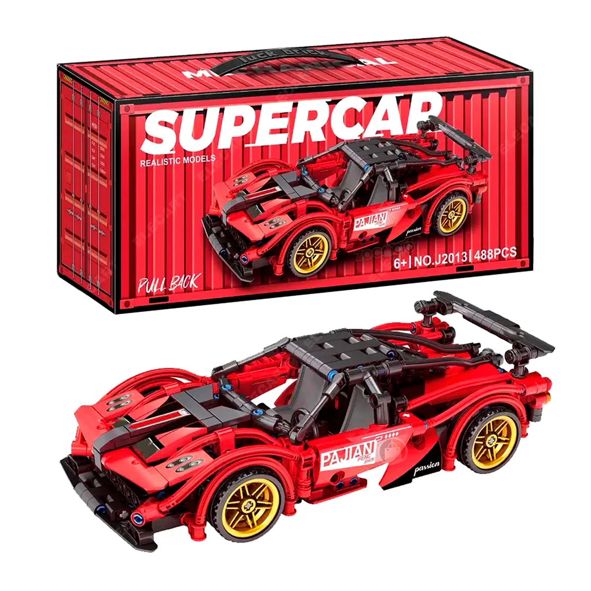 Caja roja del Supercar de 488 piezas junto al carro rojo armado