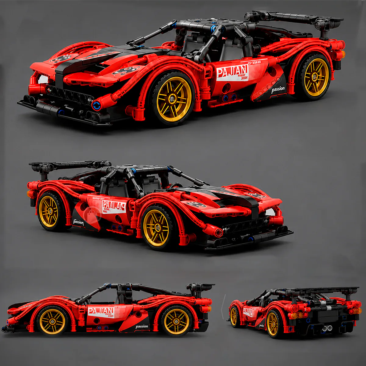 Carro de bloques Supercar rojo visto desde 4 ángulos