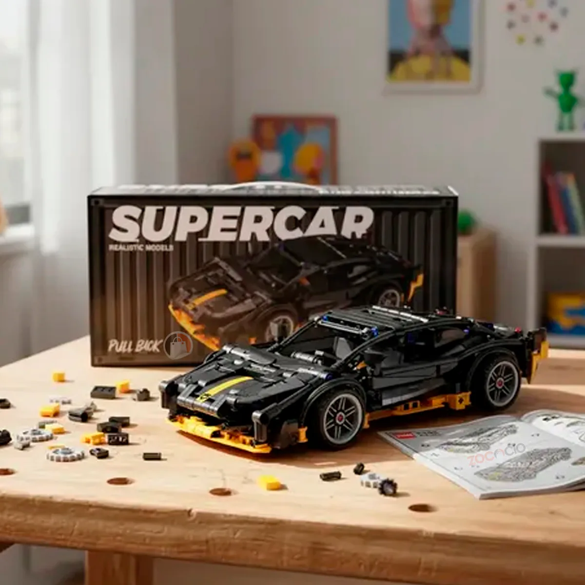 Carro de bloques negro armado sobre una mesa, con su caja, manual y piezas