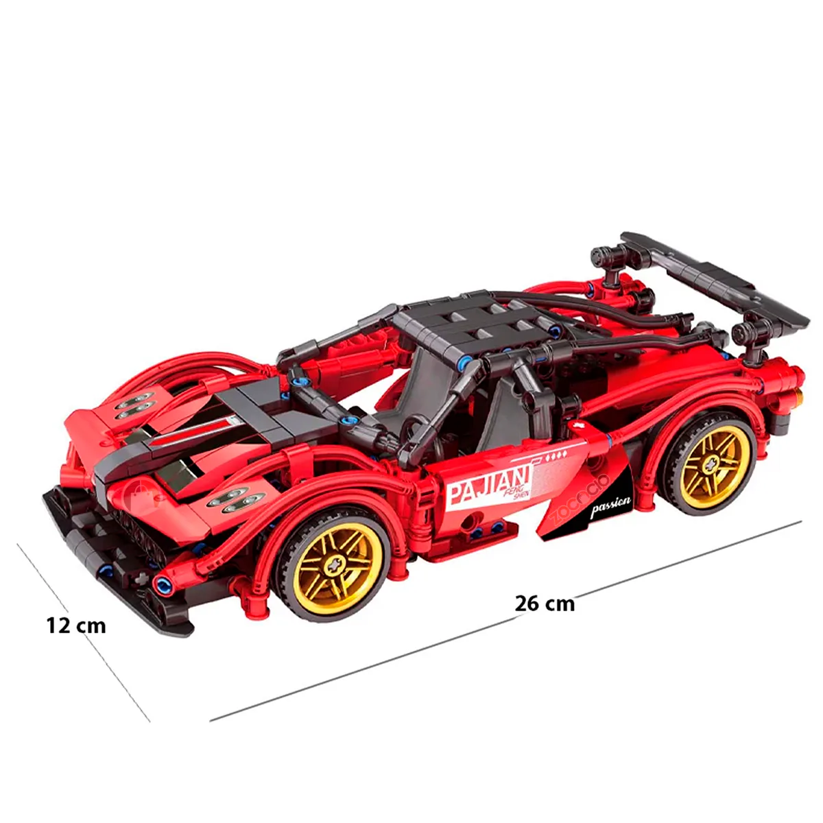 Carro deportivo de bloques rojo armado, con medidas de 26 x 12 cm