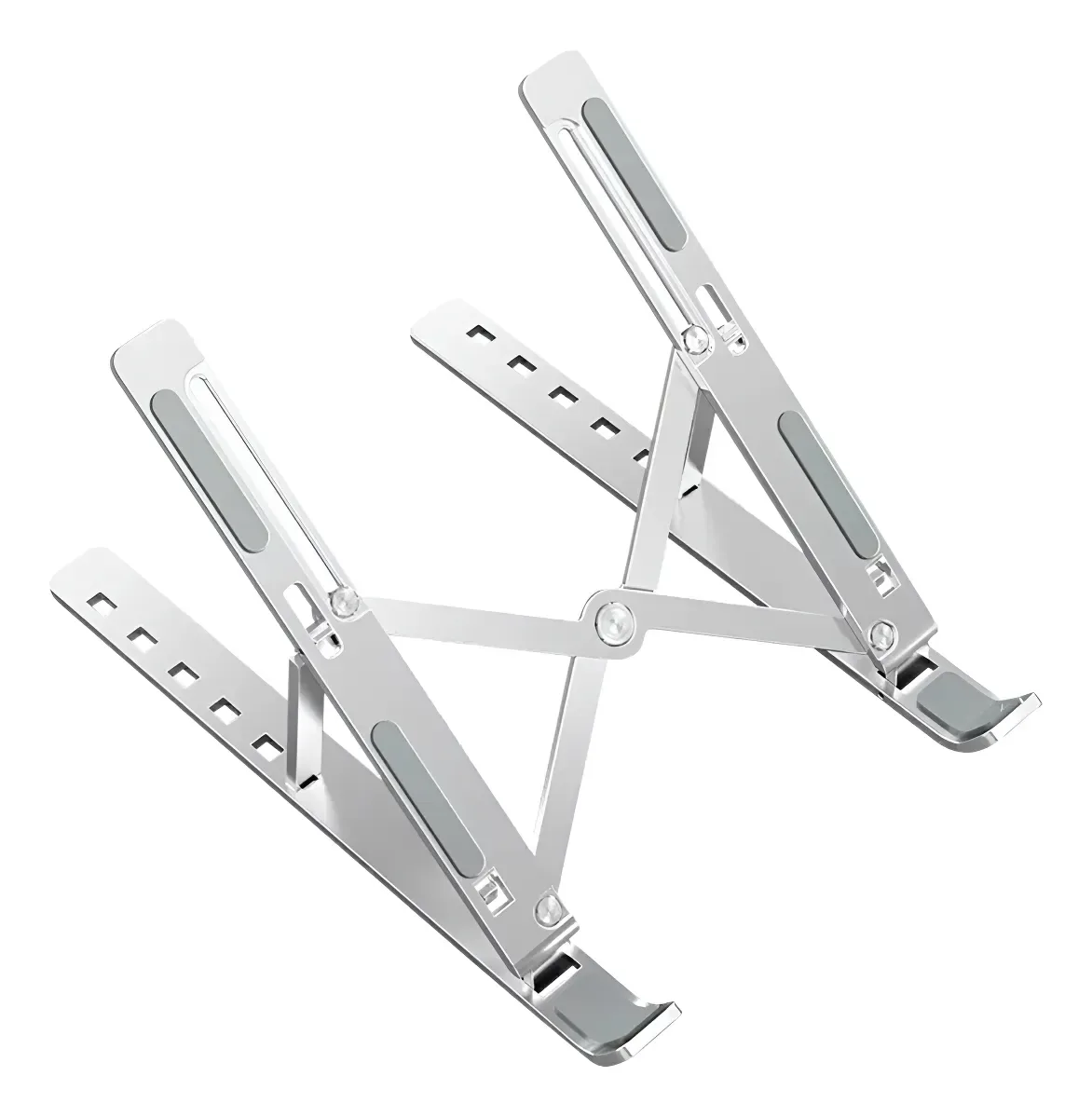 Soporte plegable de aluminio para portátil, abierto, vista de lado