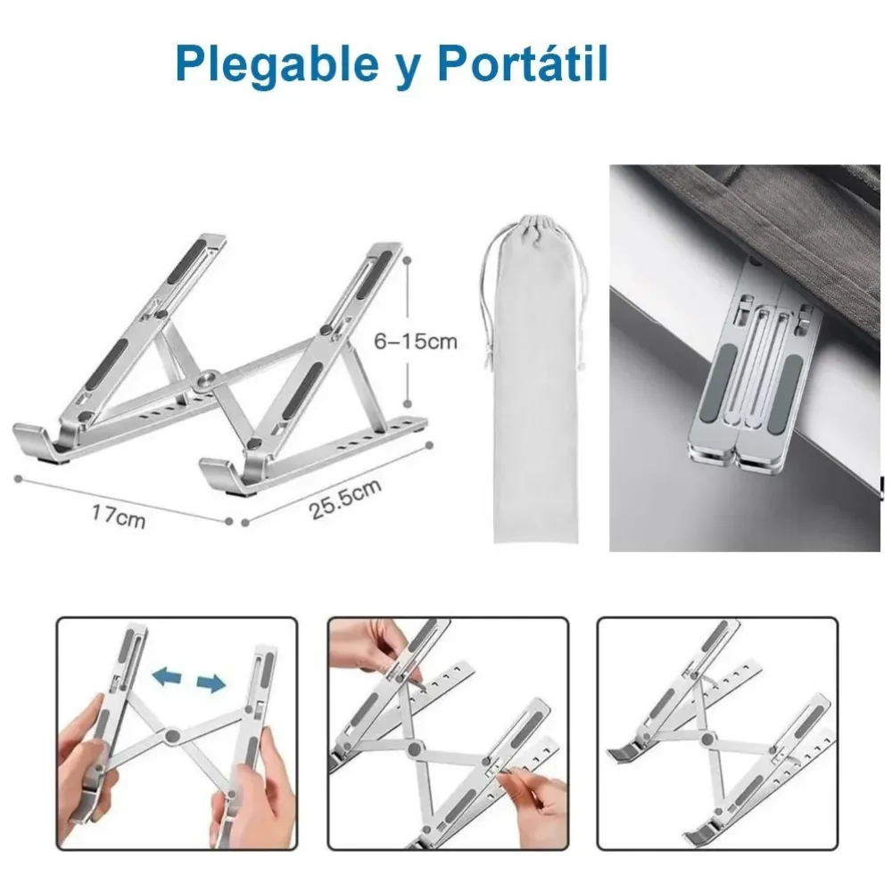 Medidas del soporte para portátil: 25,5 x 17 cm y de 6 a 15 cm de alto, con su bolsa
