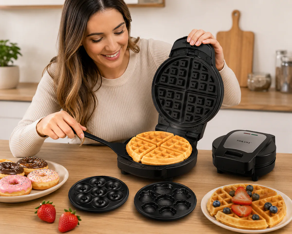 Waflera eléctrica 3 en 1 con placas intercambiables para waffles, mini donas y figuras, foto 4 de 6