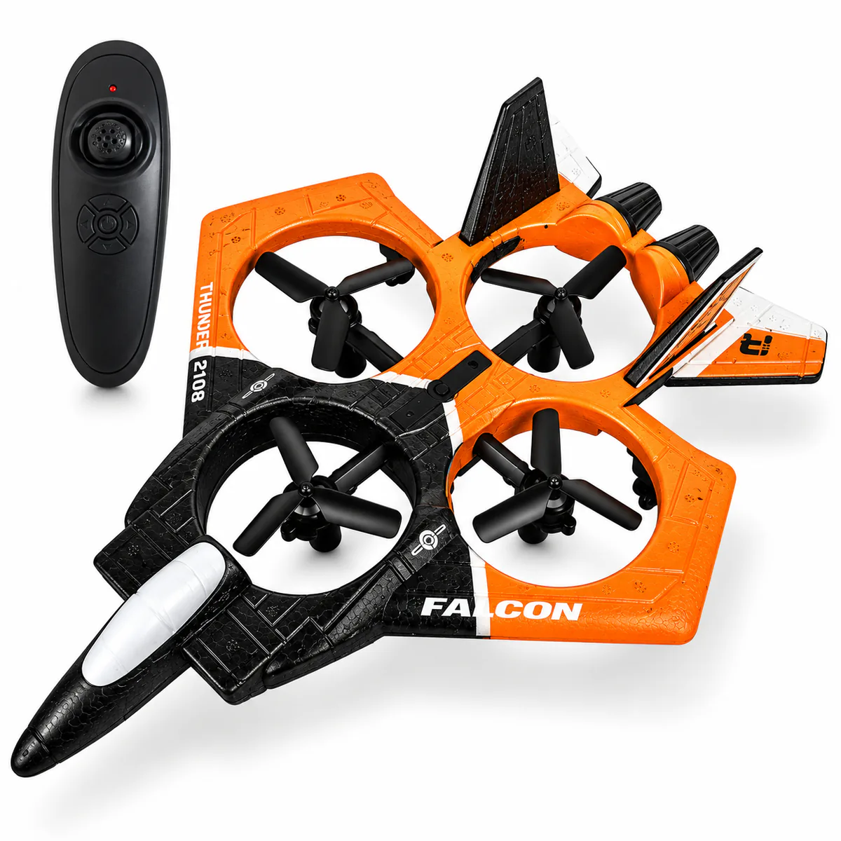 Avión dron naranja y negro de espuma con su control remoto