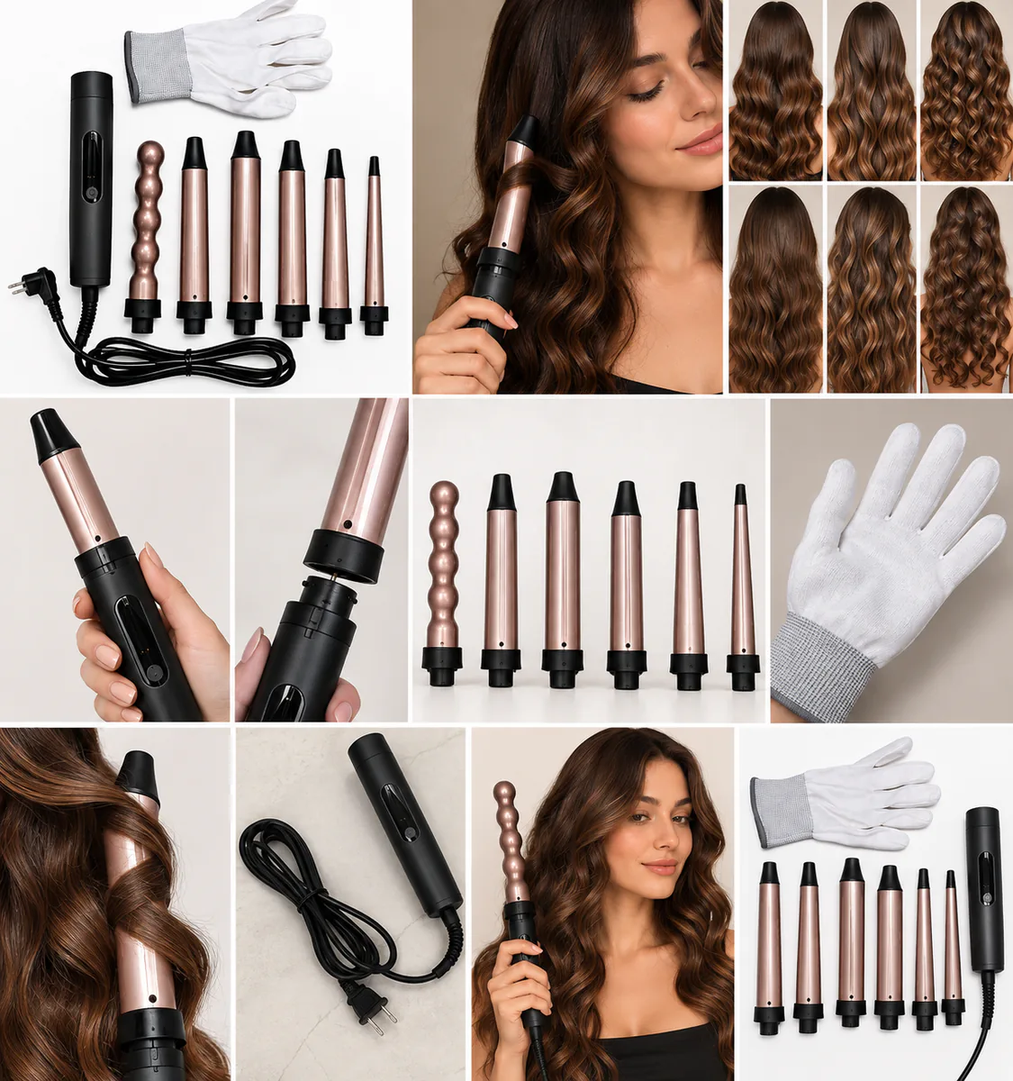 Collage de la rizadora 6 en 1: tubos, guante, mango y peinados con ondas