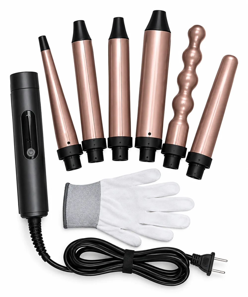 Rizadora 6 en 1 con su mango negro, 6 tubos color oro rosado y guante