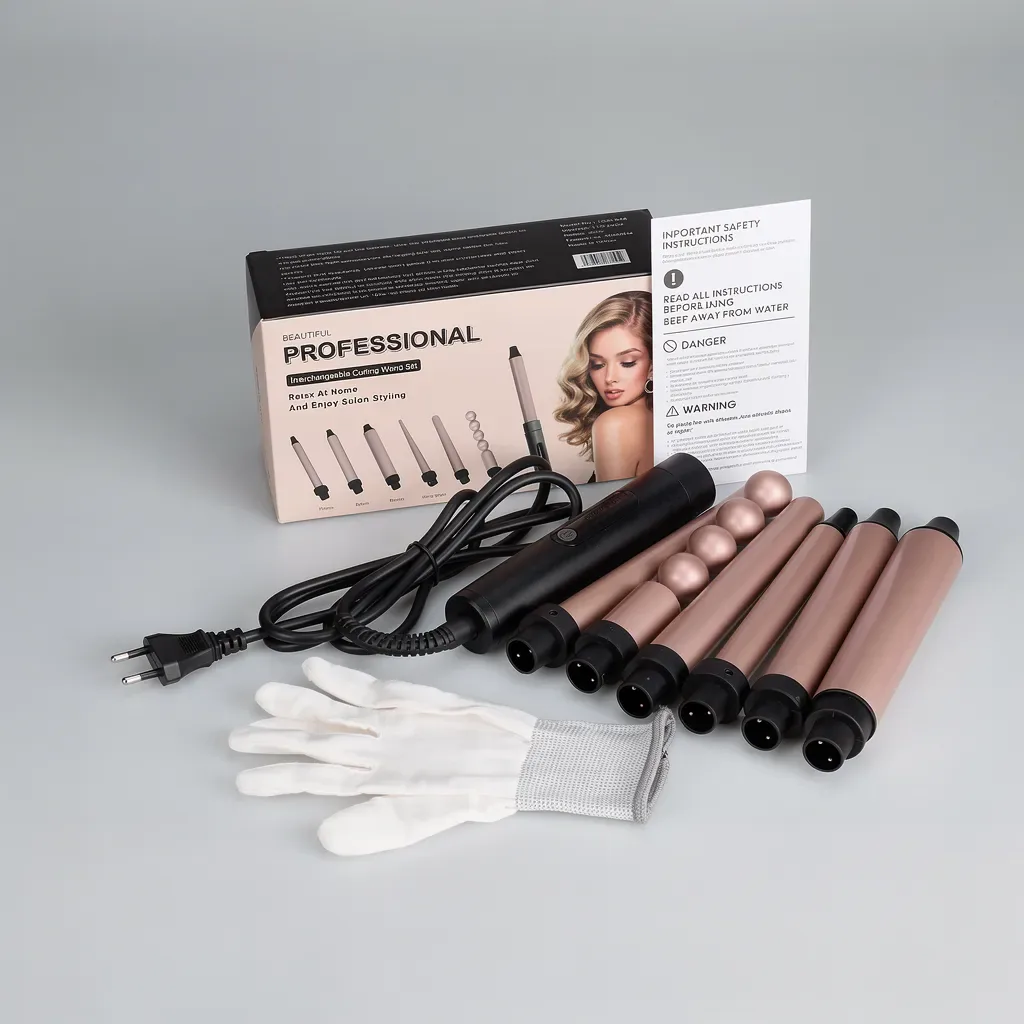 Set de rizadora 6 en 1 junto a su caja, con guante y tubos