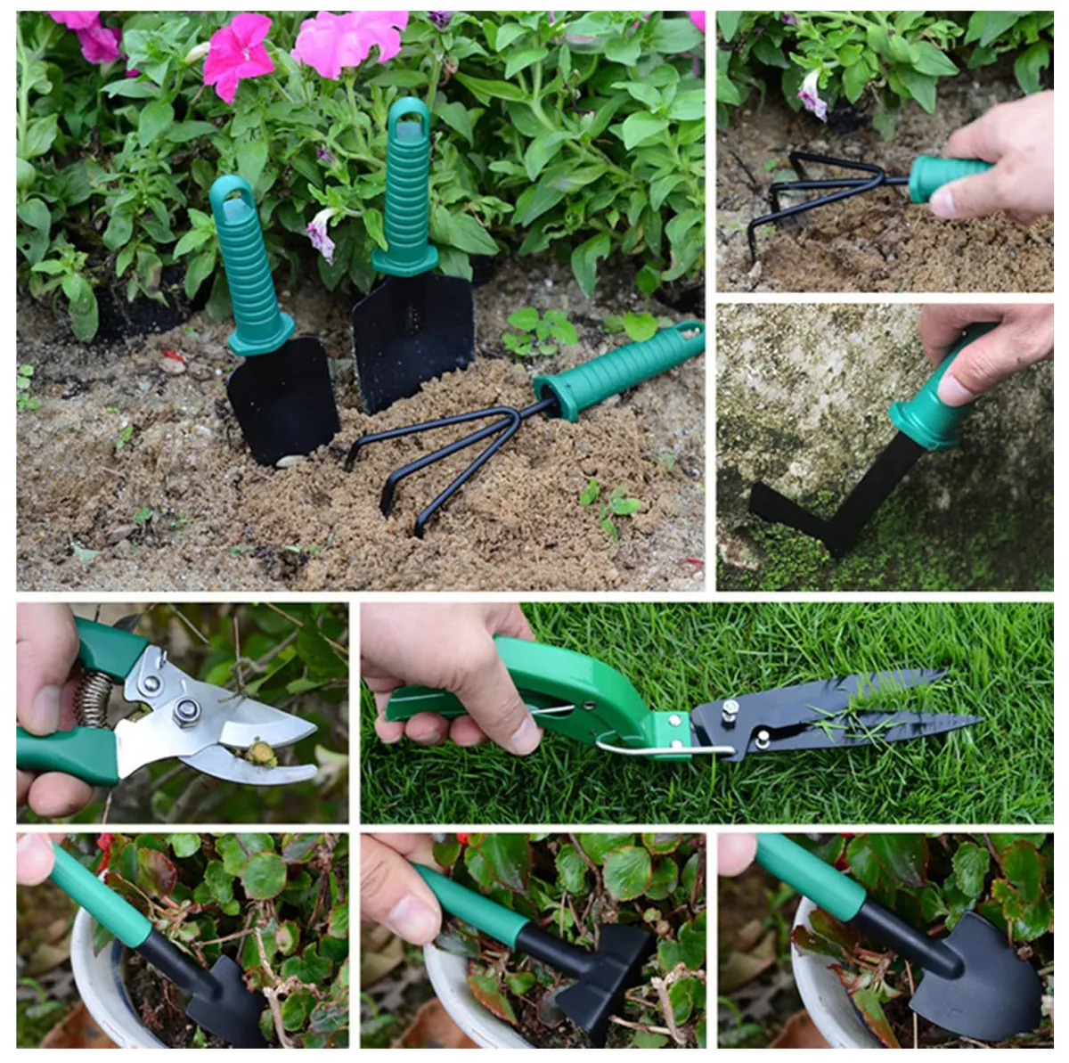 Herramientas de jardinería en uso: palas, rastrillos, tijera de podar y tijera para pasto