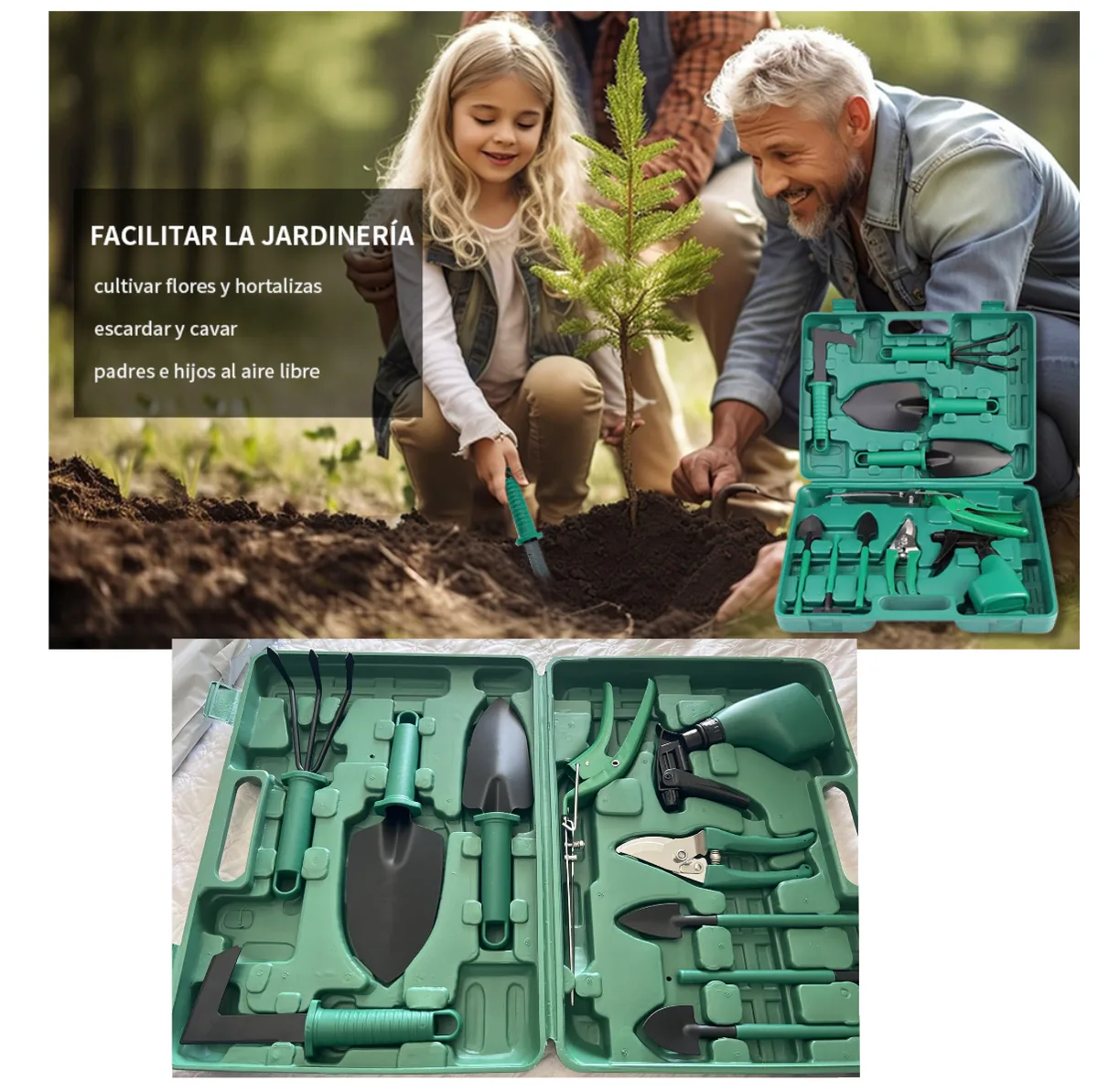 Niña y hombre sembrando un árbol junto al maletín de jardinería abierto