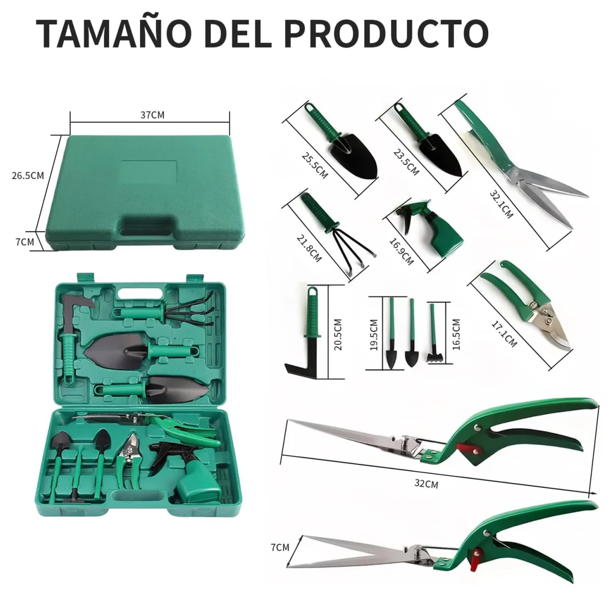 Medidas del maletín de 37 x 26,5 x 7 cm y de cada herramienta de jardinería