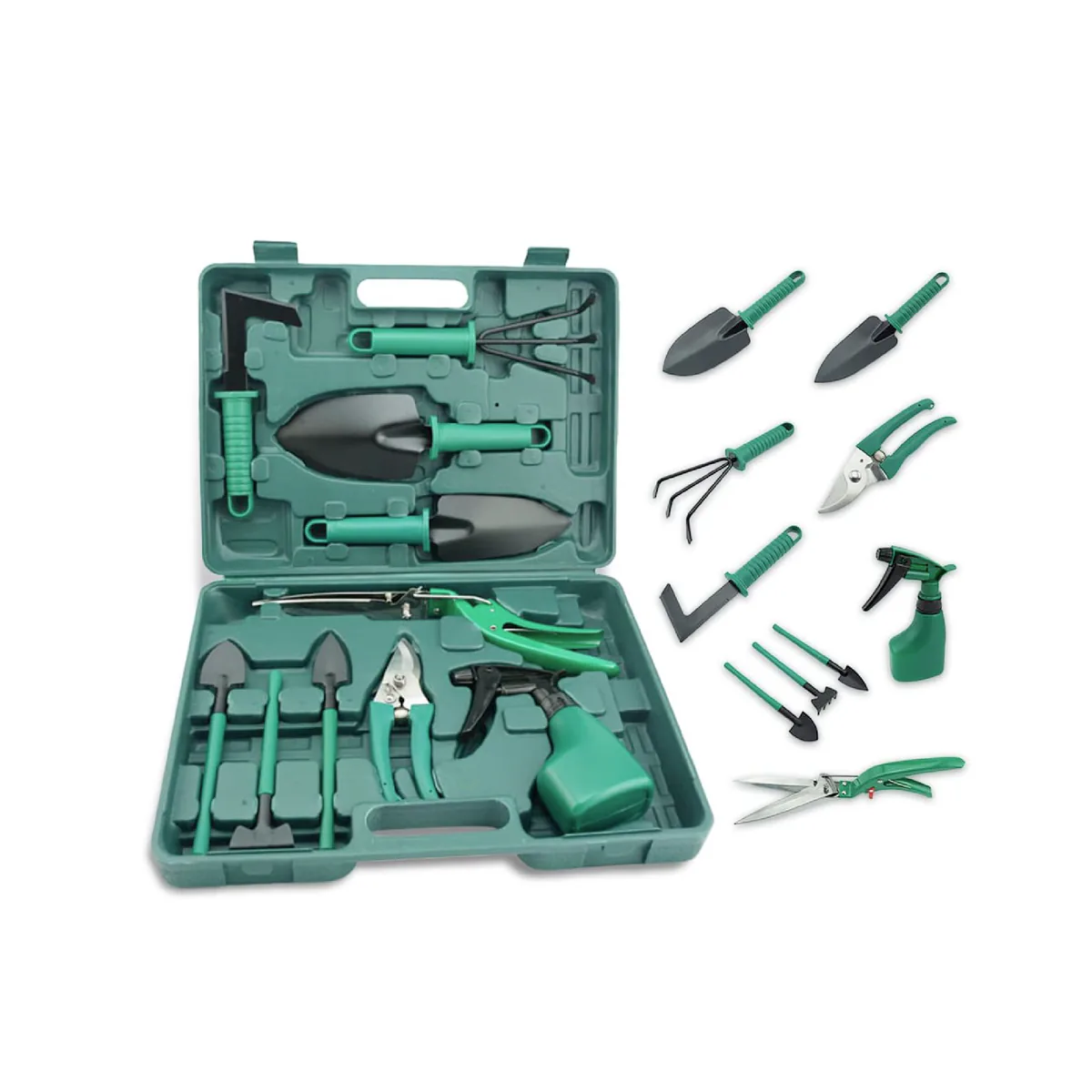 Kit de jardinería de 10 piezas con maletín verde y las herramientas fuera de él