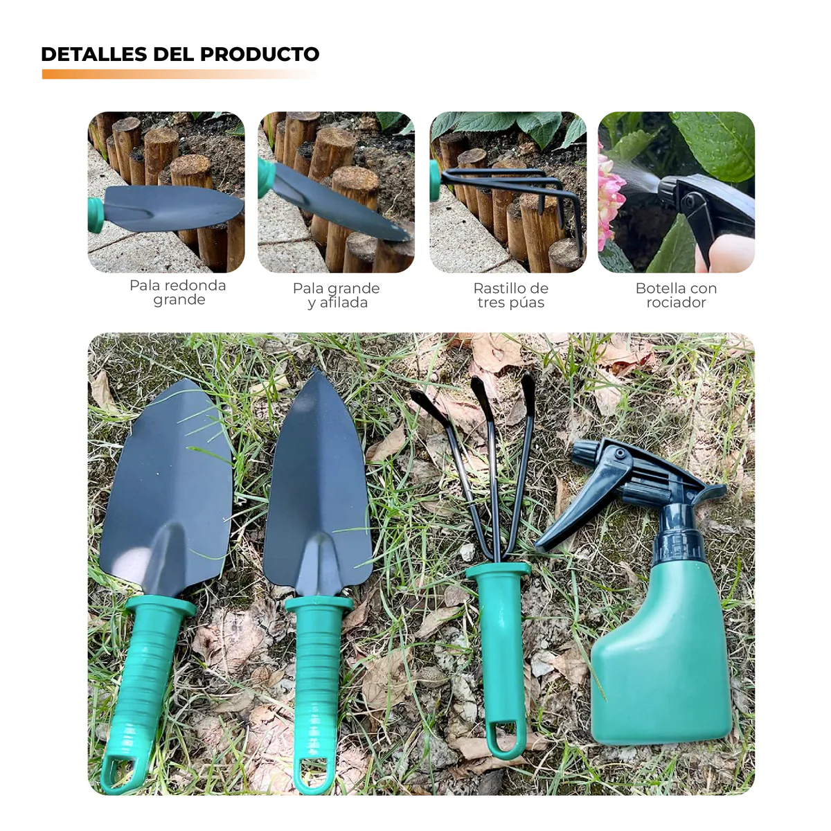 Palas grandes redonda y afilada, rastrillo de tres púas y botella con rociador