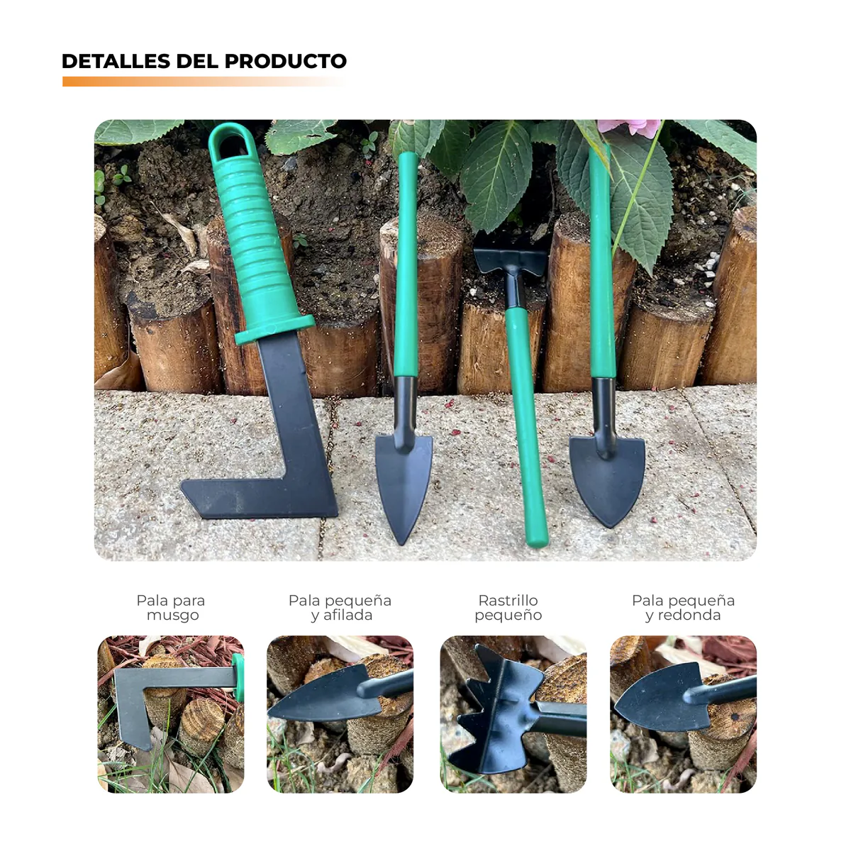 Pala para musgo, pala pequeña afilada, rastrillo pequeño y pala pequeña redonda