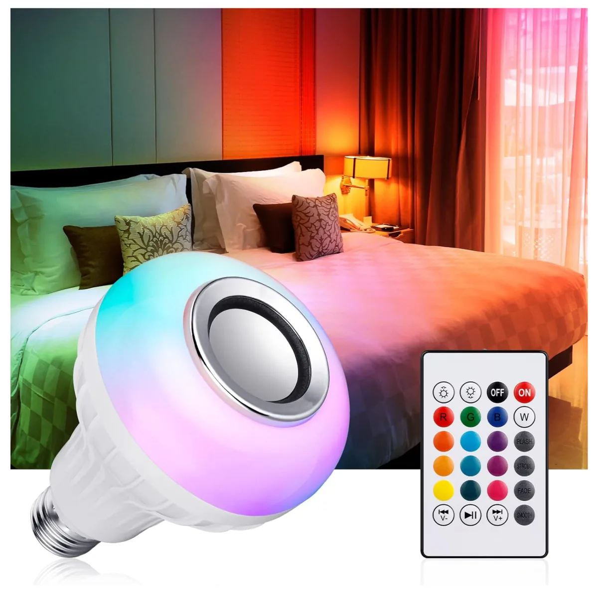 Bombillo LED con parlante Bluetooth, luz multicolor y control remoto, rosca E27, foto 2 de 5