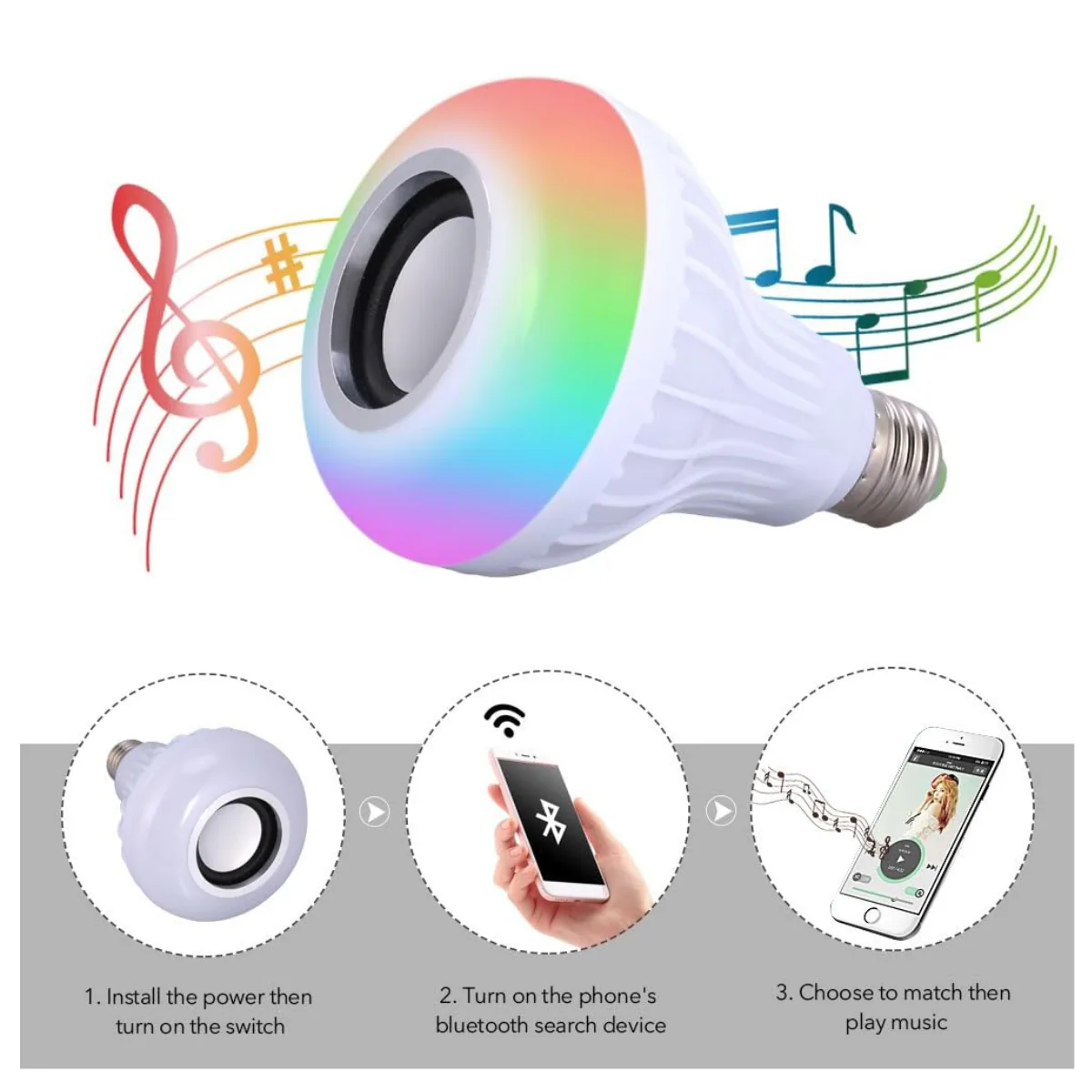 Bombillo LED con parlante Bluetooth, luz multicolor y control remoto, rosca E27, foto 3 de 5