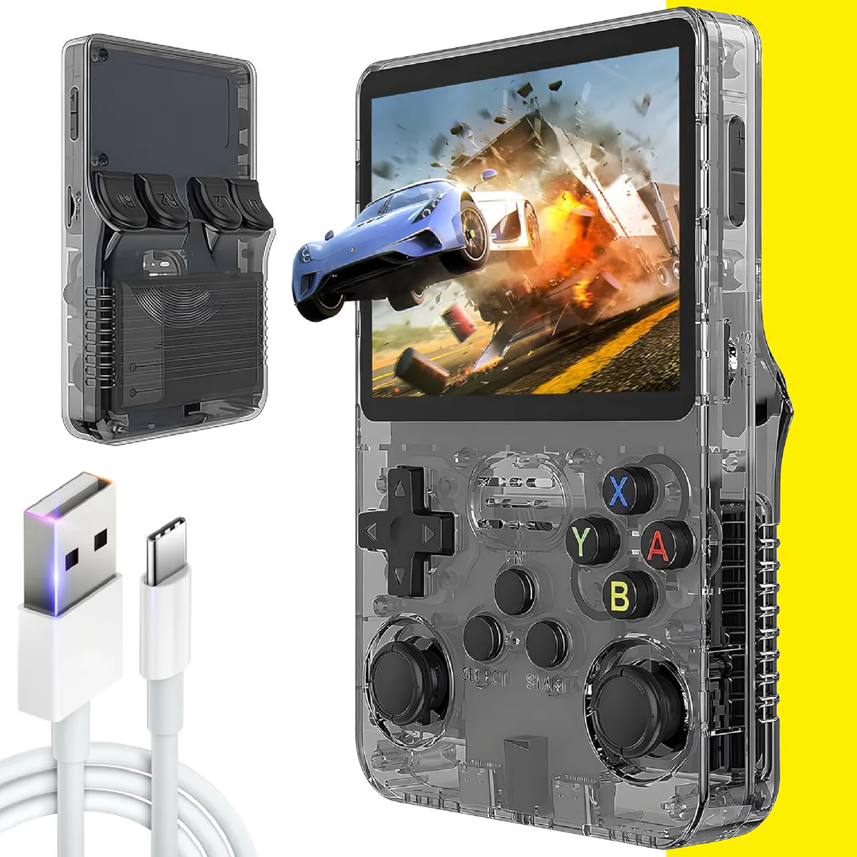 Consola R36S negra transparente con su cable USB tipo C