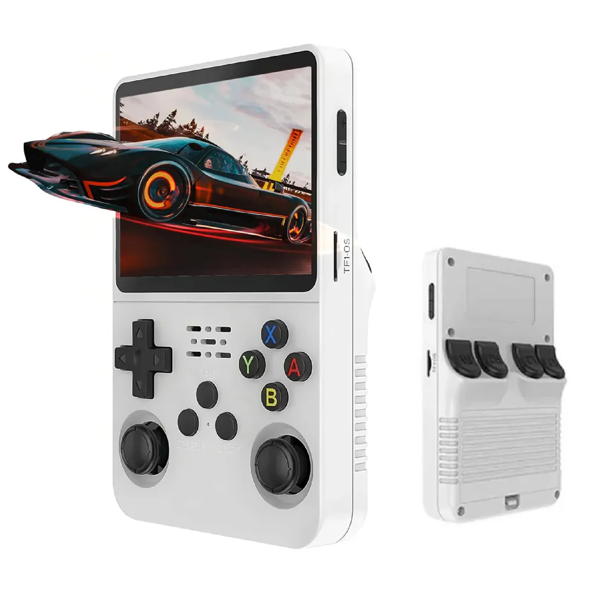 Consola retro R36S blanca vista de frente y por detrás, con sus gatillos