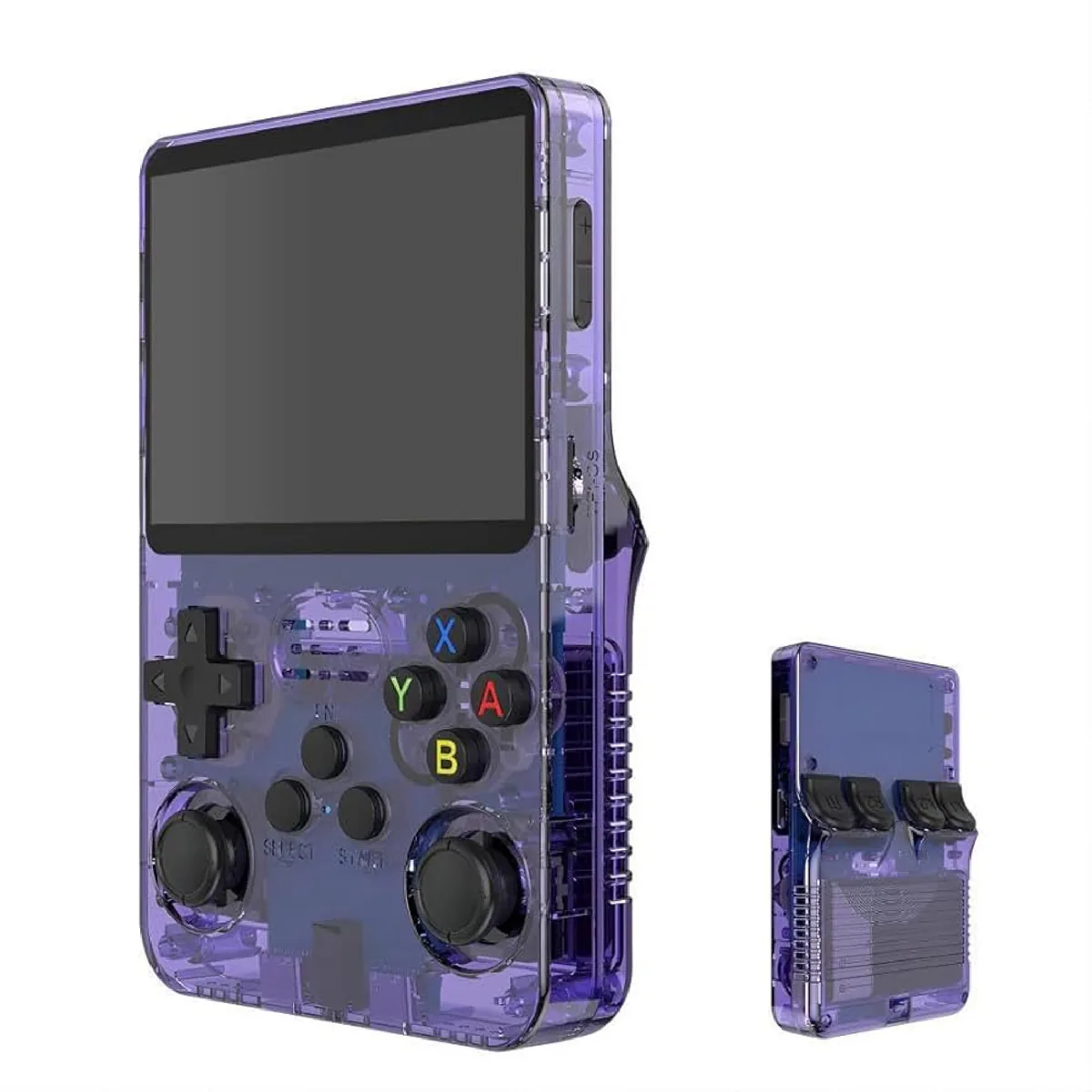 Consola retro R36S morada transparente vista de frente y por detrás