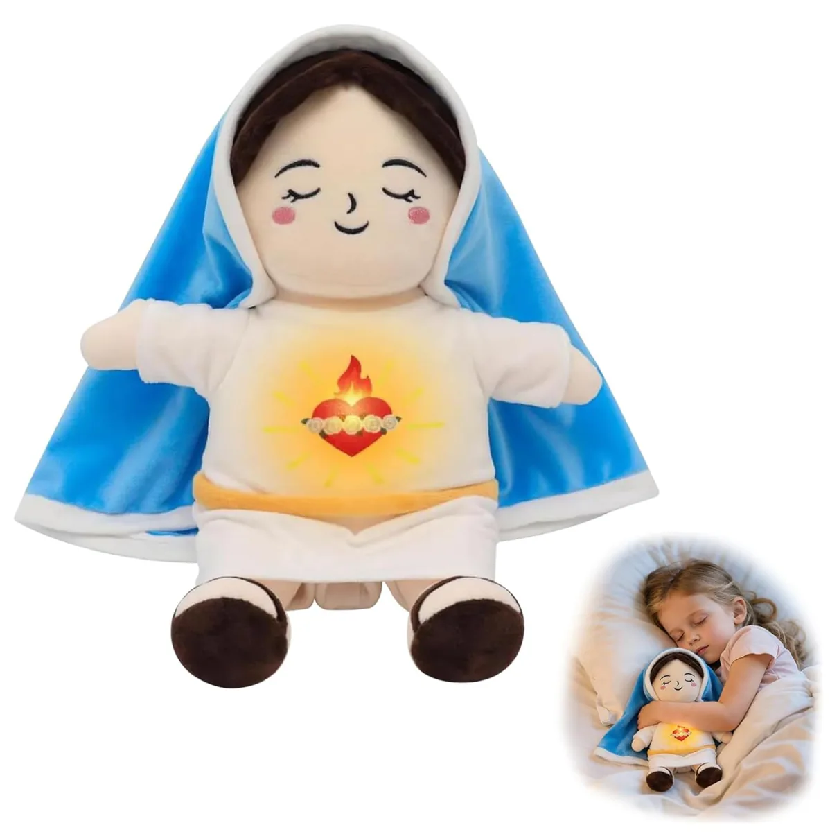 Peluche de la Virgen María con manto azul y corazón iluminado, junto a una niña dormida