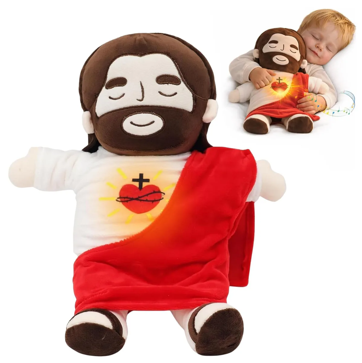 Peluche de Jesús con manto rojo y corazón iluminado, abrazado por un niño dormido