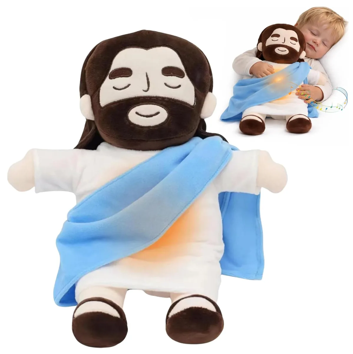 Peluche de Jesús con manto azul y luz en el pecho, abrazado por un niño dormido