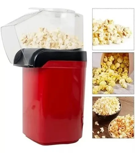 Máquina de crispetas roja junto a fotos de crispetas recién hechas